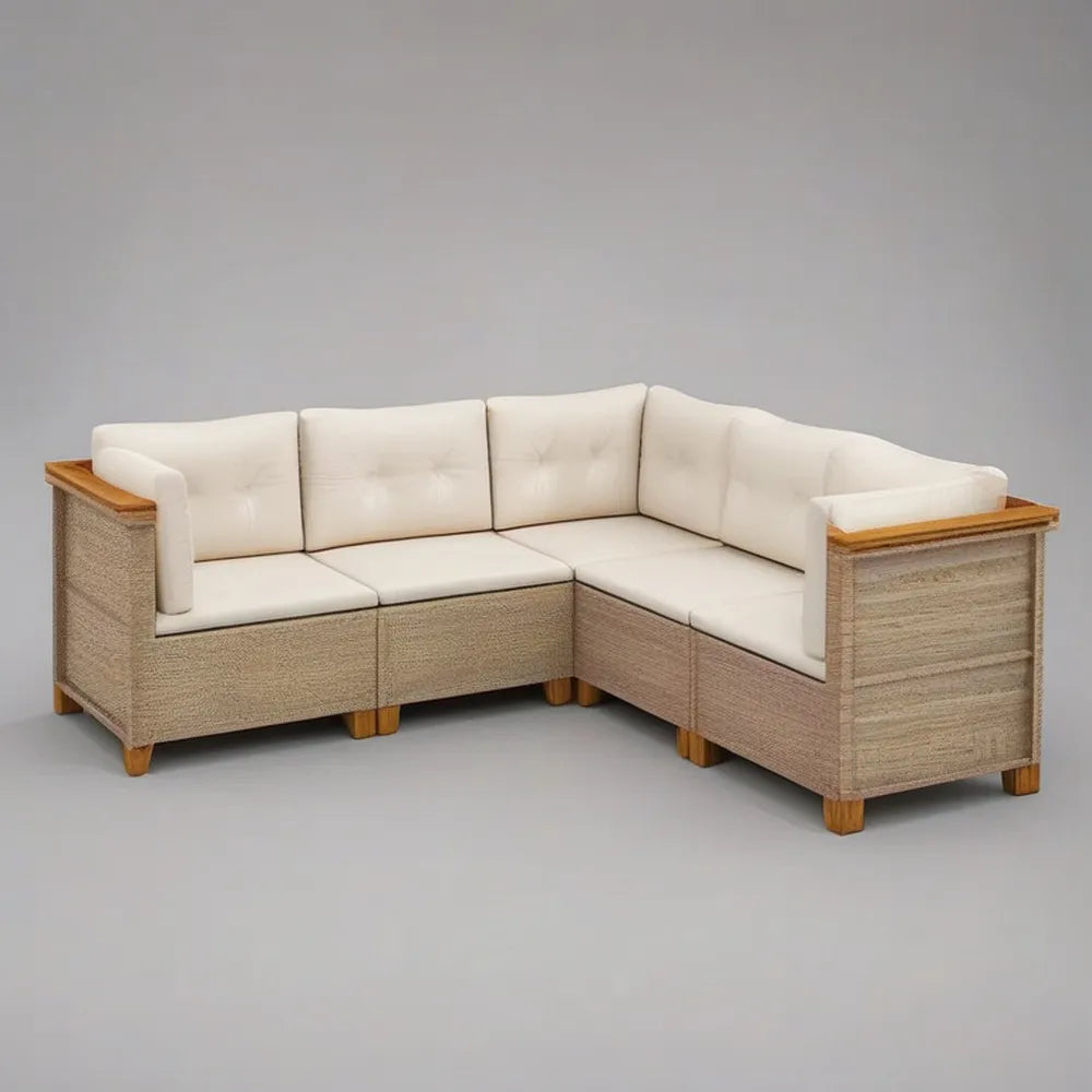 Sofa ogrodowa, Zestaw 280x210x75 cm kątowana kanapa ogrodowa w syntetycznym beżowym rattanie z kremem białe poduszki i naturalne drewno szczegóły