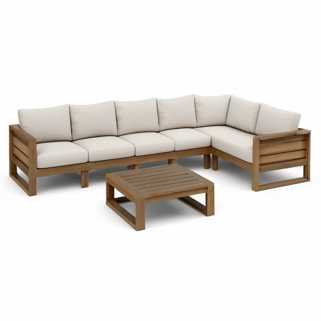 Sofa ogrodowa, Ogród salon zestaw narożna kanapa z 5-osobowym stołem do kawy z akacji litego drewna Brązowy krem 250 x 180 x 70 cm