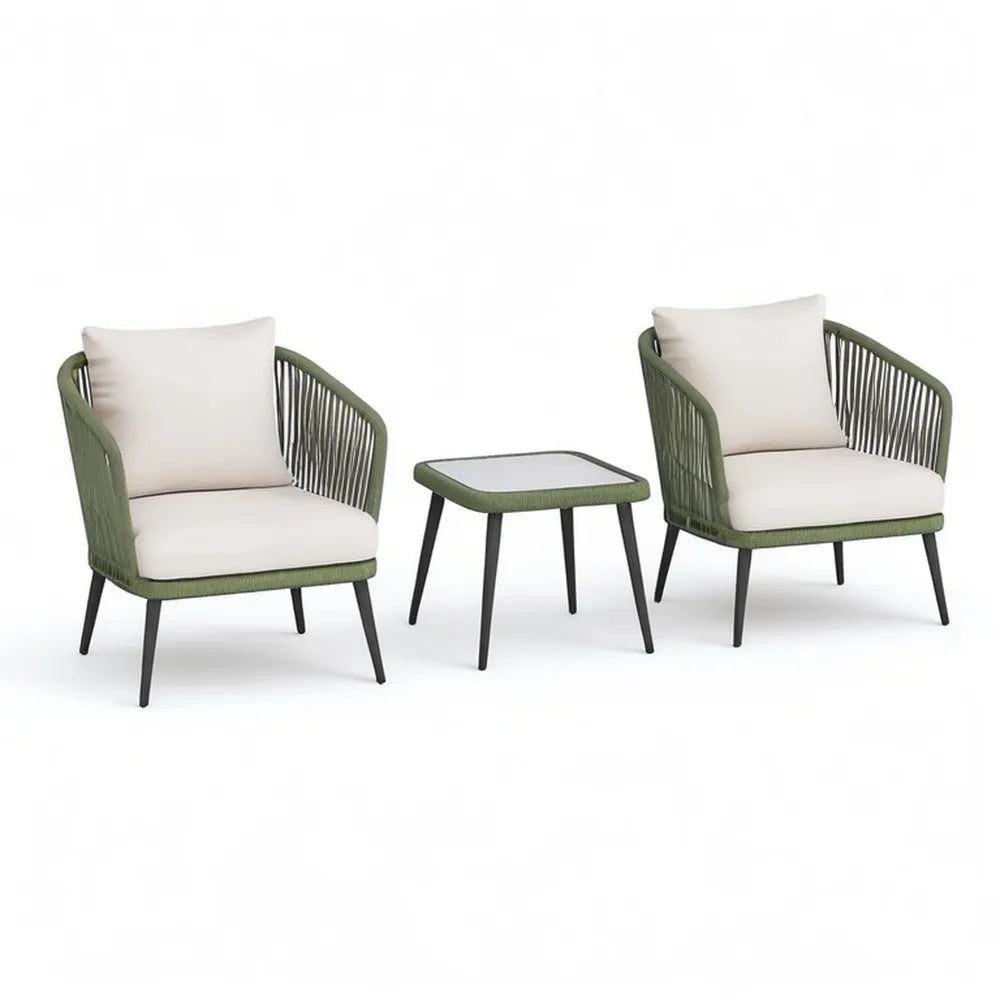 Krzesło ogrodowe, Meble ogrodowe zestaw 3- część 75 x 70 x 75 cm Polyrattan Lounge fotel ze stołem i poduszką zielony / biały / czarny