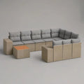 Sofa ogrodowa, Zestaw modułowa kanapa ogrodowa 10 foteli 260x260x70 cm w syntetycznym beżowym rattanie z szarymi poduszkami i małym stołem
