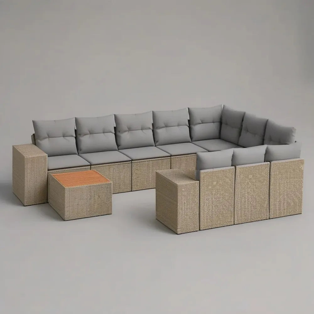 Sofa ogrodowa, Zestaw modułowa kanapa ogrodowa 10 foteli 260x260x70 cm w syntetycznym beżowym rattanie z szarymi poduszkami i małym stołem