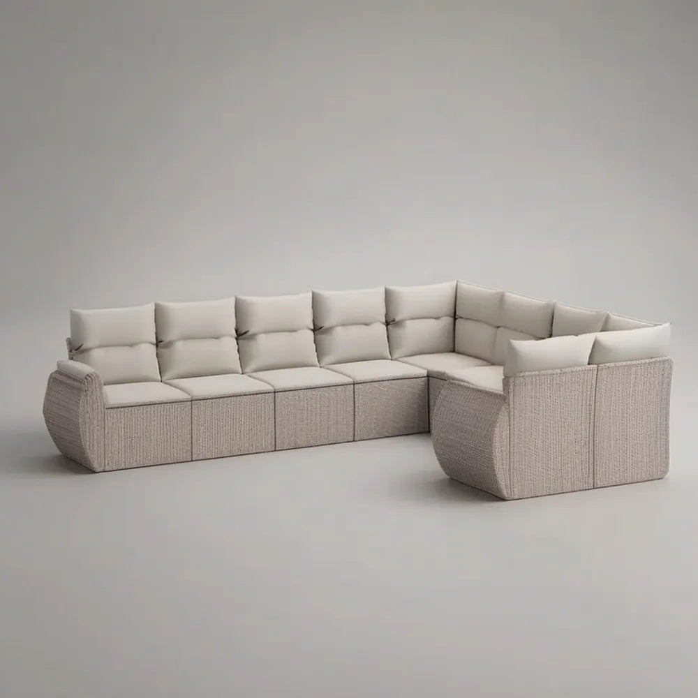 Sofa ogrodowa, Modułowa sofa narożna ogrodowa 360 x 240 x 70 cm w syntetycznym beżowym rattanie z wyściełanymi poduszkami