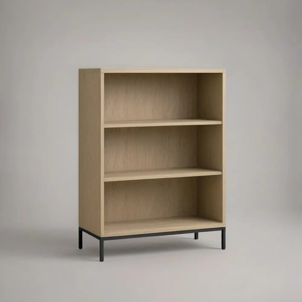 Regał, Drewniana biblioteczka podłogowa z otwartymi półkami i czarną konstrukcją 100 x 35 x 150 cm