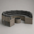 Sofa ogrodowa, Kanapa ogrodowa narożna 320x250 cm w syntetycznym beżowym rattanie z szarymi poduszkami i szklanym stołem