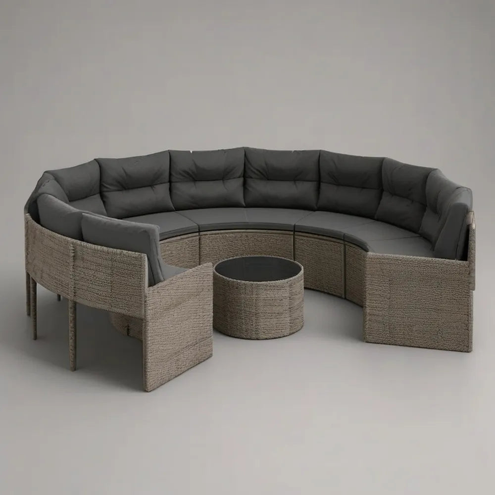 Sofa ogrodowa, Kanapa ogrodowa narożna 320x250 cm w syntetycznym beżowym rattanie z szarymi poduszkami i szklanym stołem