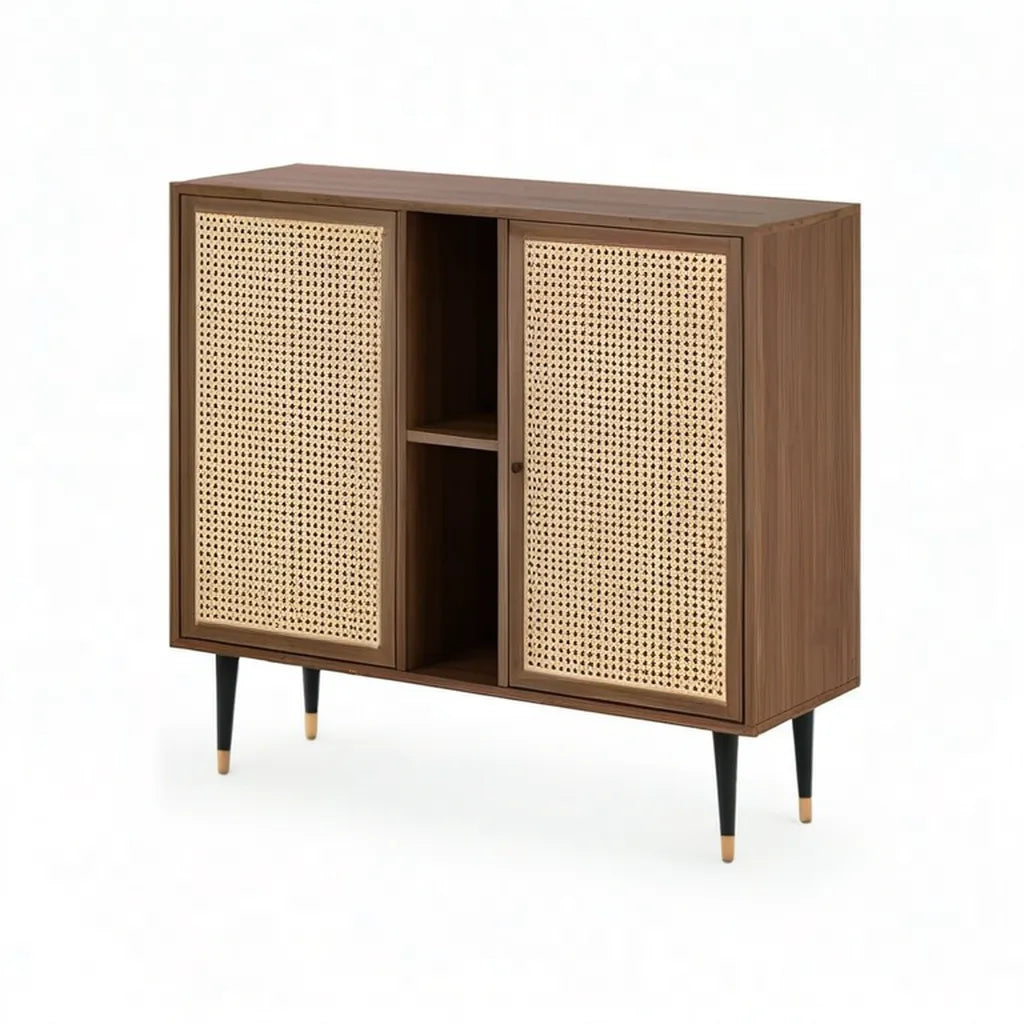 Kredens, Prostokątna płyta boczna 100 x 40 x 90 cm efekt MDF z czarnymi drzwiami rattanowymi naturalnymi
