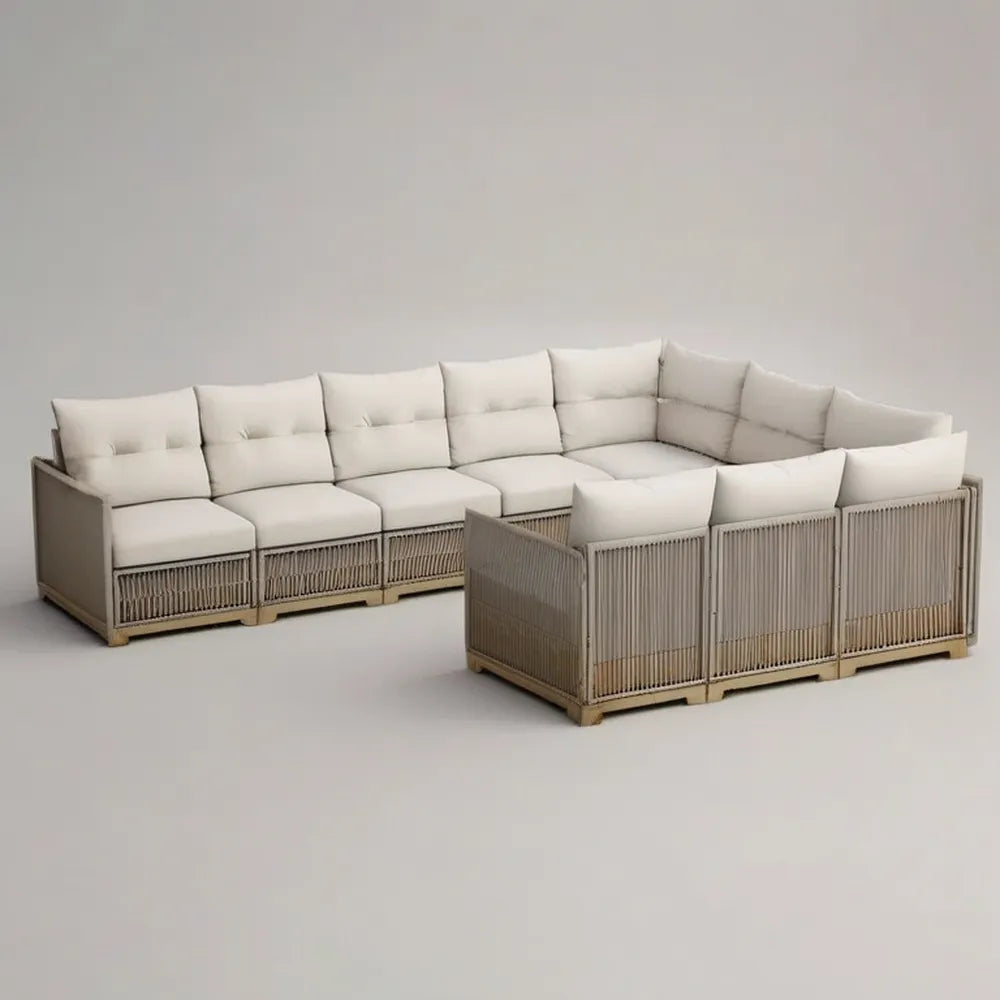 Sofa ogrodowa, Modułowa kanapa ogrodowa beżowy kąt 320 x 90 x 75 cm w lini tkanej z poduszkami wyściełaną białą śmietaną