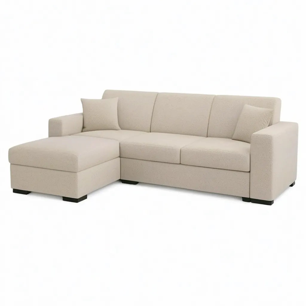Sofa, Kanapa narożna 3 fotele z krzesełkiem w beżowym poliestrze 230 x 150 x 85 cm