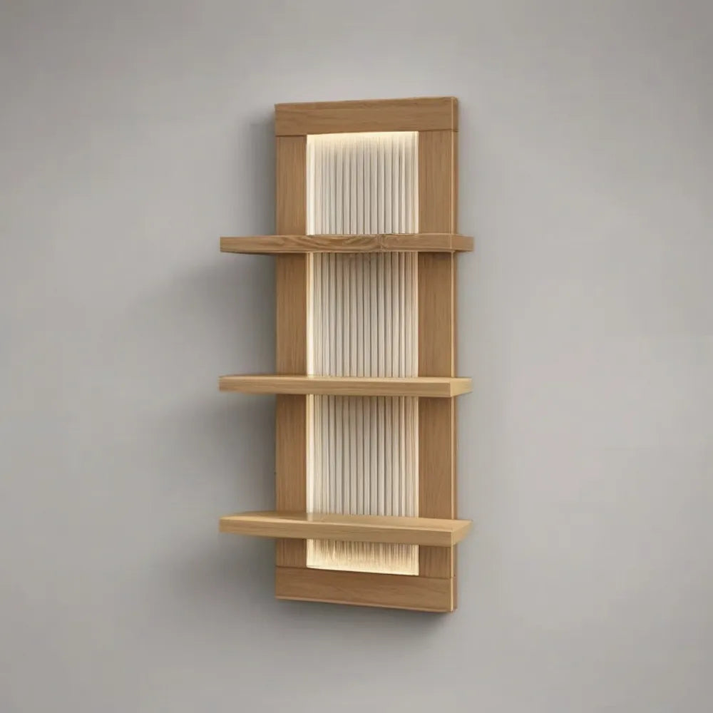 Regał, Półka ścienna 80 x 25 x 180 cm w lekkim dębie MDF z otwartymi półkami i białym deską dekoracyjną