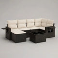 Sofa ogrodowa, Zestaw modułowy narożnik sofa ogrodowa 300x220x75 cm w czarnym syntetyczny rattan z kremem białe poduszki i składane stoły boczne