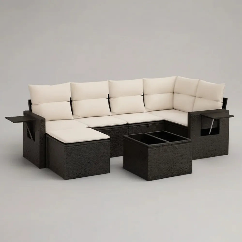 Sofa ogrodowa, Zestaw modułowy narożnik sofa ogrodowa 300x220x75 cm w czarnym syntetyczny rattan z kremem białe poduszki i składane stoły boczne