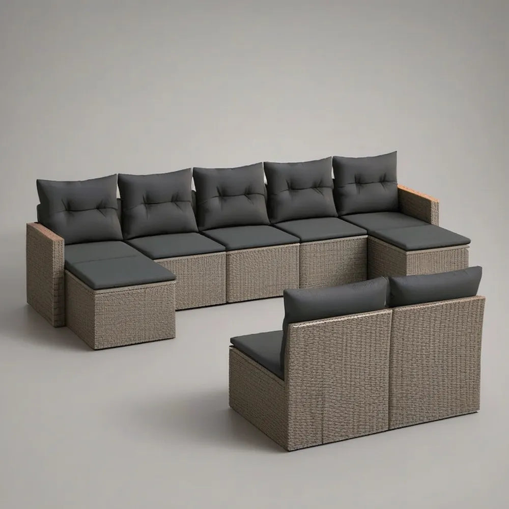 Sofa ogrodowa, Modułowa kanapa ogrodowa 360x240x70 cm w syntetycznym beżowym rattanie z poduszkami antracytu